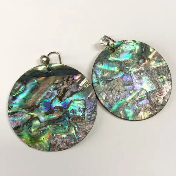Vintage MOP Mother of Pearl Abalone Shell Round Disc Hook Earrings Oversized - Picture 7 of 9